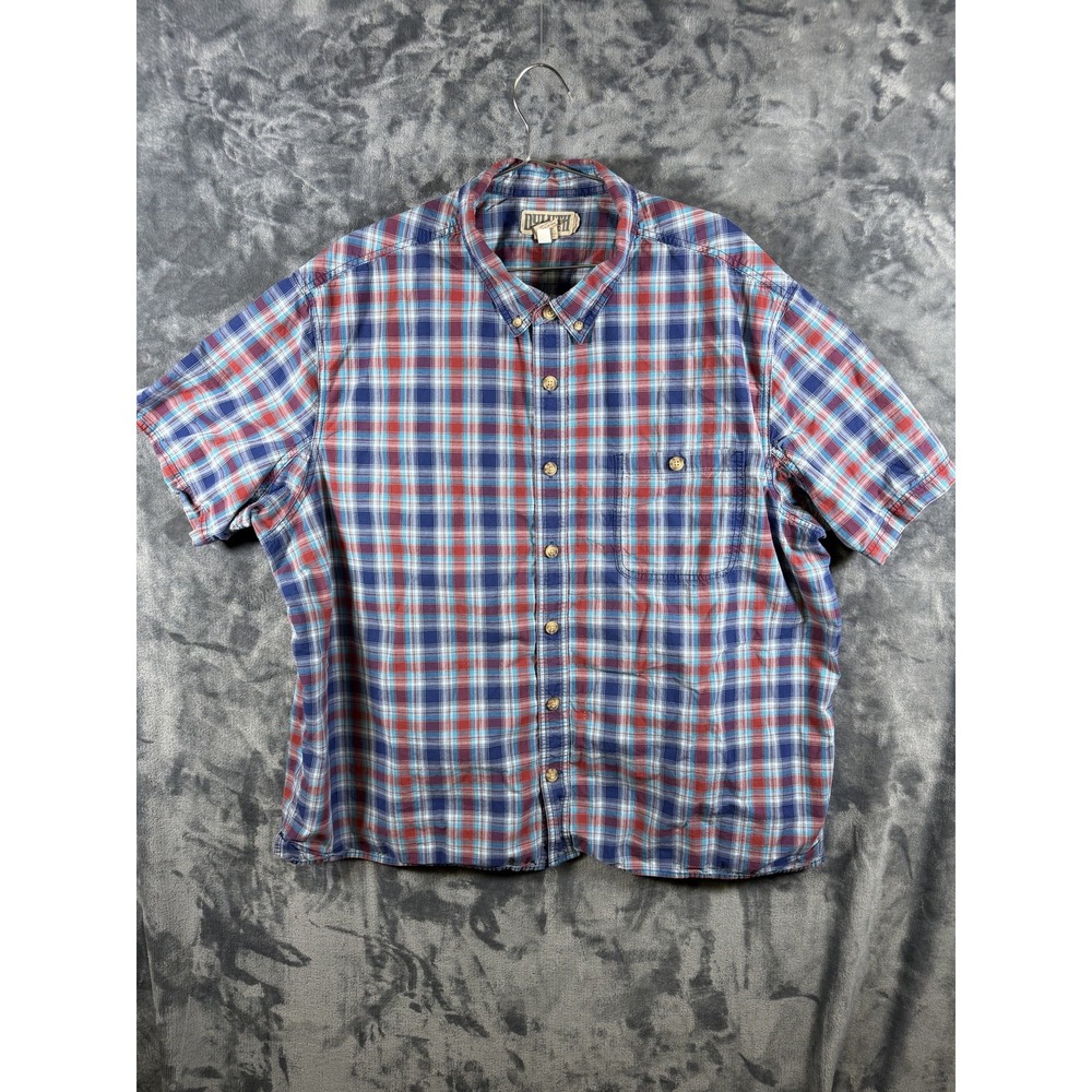 Duluth Trading Co Shirt Mens 3XL Blue Plaid Short Sleeve Button-Up Cotton Pocket